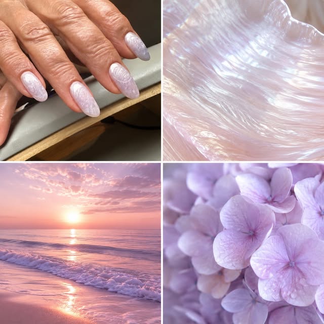 Soft pastel-toned nail work, seaside sunset, and hydrangea petals — the studio's signature aesthetic.